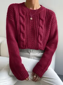 SHEIN Essnce Cable Knit Drop Shoulder Jumper - Burgundy - View 1