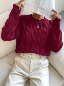 SHEIN Essnce Cable Knit Drop Shoulder Jumper - Burgundy - View 3