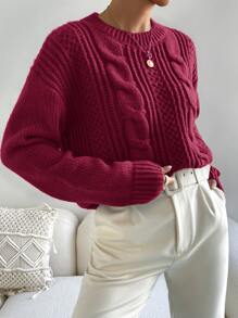 SHEIN Essnce Cable Knit Drop Shoulder Jumper - Burgundy - View 5