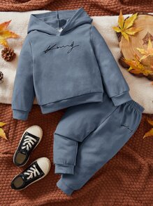 SHEIN 男嬰字母圖案連帽衫和運動褲 - 霧霾藍 - 查看 1