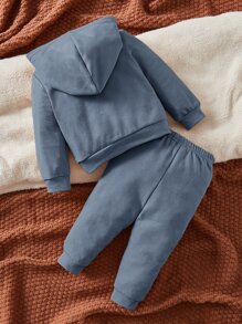 SHEIN 男嬰字母圖案連帽衫和運動褲 - 霧霾藍 - 查看 2