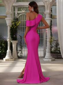 Asymmetrical Neck Ruched Split Thigh Formal Dress - Hot Pink - View 2