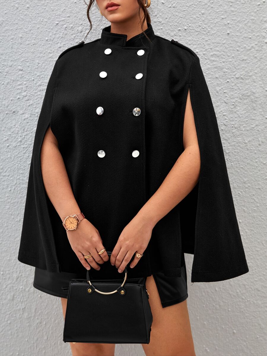 SHEIN Privé Plus Double Breasted Cloak Sleeve Overcoat - Black - View 1