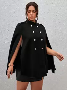 SHEIN Privé Plus Double Breasted Cloak Sleeve Overcoat - Black - View 4