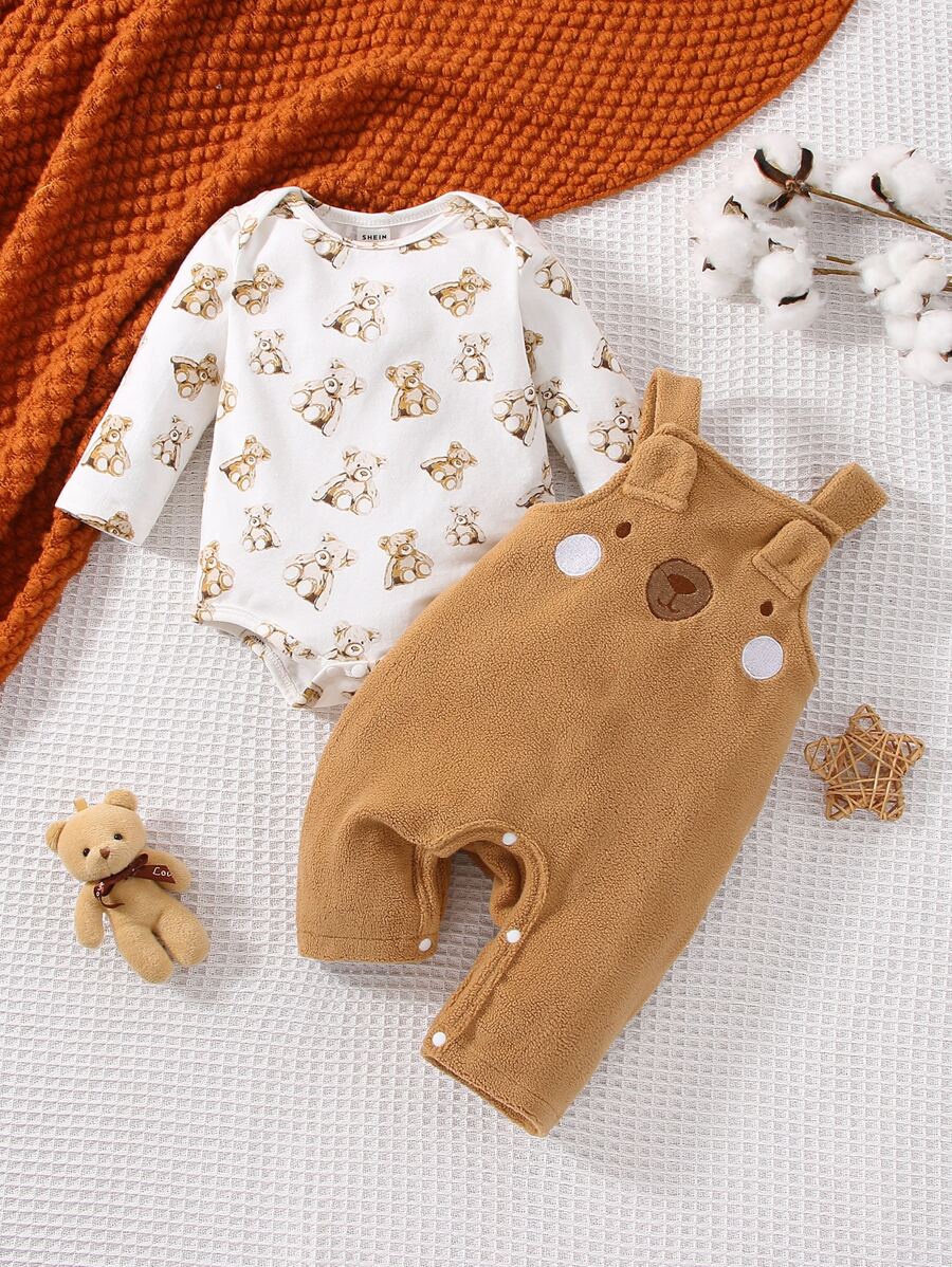 SHEIN 男婴童卡通圖案連體衣和3D耳朵設計背帶連身褲