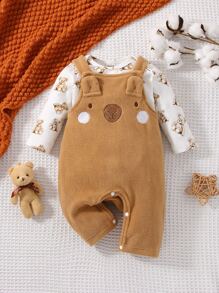 SHEIN 男婴童卡通圖案連體衣和3D耳朵設計背帶連身褲