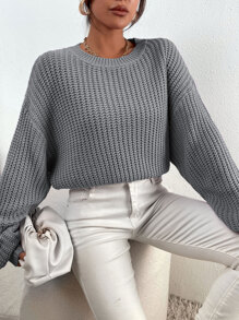 Chiquease 纯色罗纹针织落肩毛衣、长袖上衣