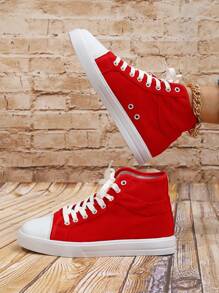 高幫前綁帶帆布鞋,紅色高幫帆布鞋適合女士,休閒運動鞋 - 紅色 - 查看 2