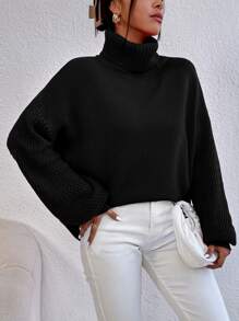SHEIN Essnce Turtleneck Drop Shoulder Jumper - Black - View 1