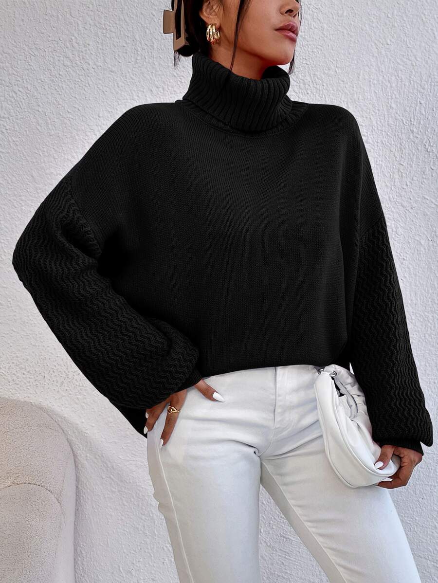 SHEIN Essnce Turtleneck Drop Shoulder Jumper - Black - View 1