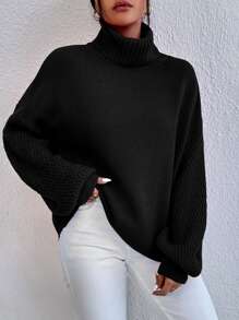 SHEIN Essnce Turtleneck Drop Shoulder Jumper - Black - View 3
