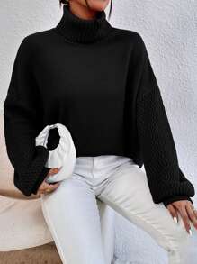 SHEIN Essnce Turtleneck Drop Shoulder Jumper - Black - View 4