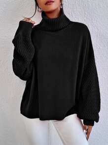 SHEIN Essnce Turtleneck Drop Shoulder Jumper - Black - View 5