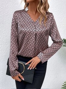 Allover Geo Print Notched Neckline Blouse - Brown - View 1