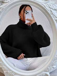 SHEIN Essnce Turtleneck Drop Shoulder Jumper - Black - View 6