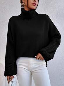 SHEIN Essnce Turtleneck Drop Shoulder Jumper - Black - View 7