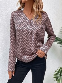 Allover Geo Print Notched Neckline Blouse - Brown - View 4
