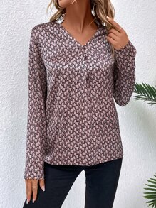 Allover Geo Print Notched Neckline Blouse - Brown - View 5