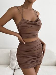 SHEIN Allurite 垂領吊帶上衣和褶邊包臀半身裙和袖套 - 咖啡棕 - 查看 4