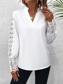 SHEIN Essnce Blusa con encaje de cuello de muesca - Blanco - Ver 3
