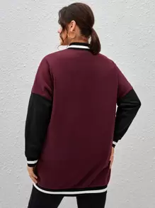 SHEIN EZwear 大碼字母貼布條紋飾邊落肩袖學院風夾克 - 紫紅色 - 查看 2