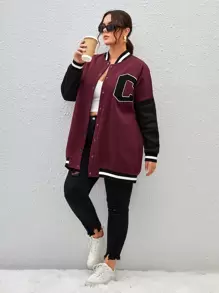 SHEIN EZwear 大碼字母貼布條紋飾邊落肩袖學院風夾克 - 紫紅色 - 查看 3