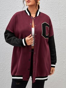 SHEIN EZwear 大碼字母貼布條紋飾邊落肩袖學院風夾克 - 紫紅色 - 查看 4