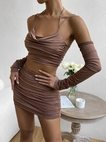 SHEIN Allurite 垂領吊帶上衣和褶邊包臀半身裙和袖套 - 咖啡棕 - 查看 6