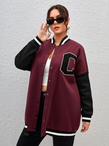 SHEIN EZwear 大碼字母貼布條紋飾邊落肩袖學院風夾克 - 紫紅色 - 查看 5