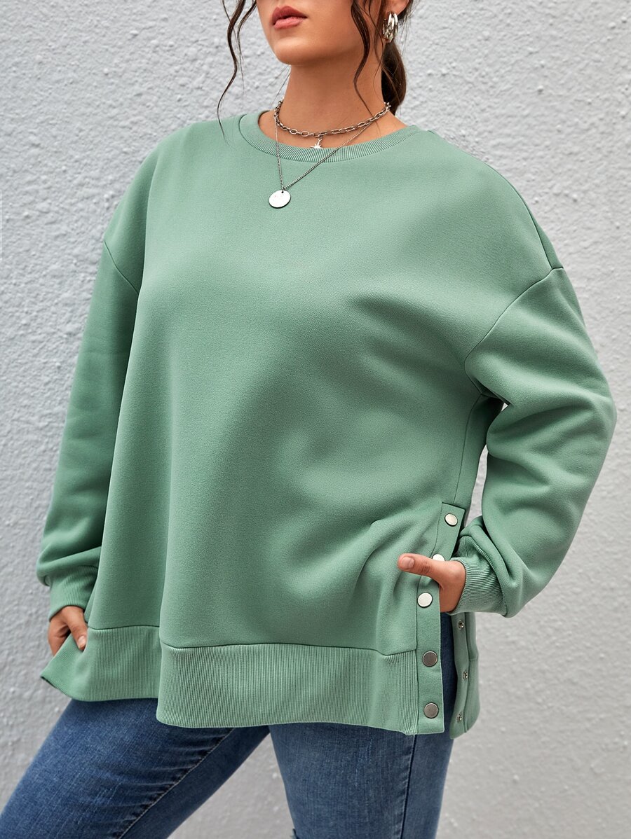 SHEIN Essnce Plus Drop Shoulder Button Detail Split Hem Sweatshirt - Mint Green - View 1