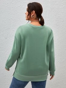 SHEIN Essnce Plus Drop Shoulder Button Detail Split Hem Sweatshirt - Mint Green - View 2