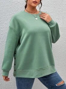 SHEIN Essnce Plus Drop Shoulder Button Detail Split Hem Sweatshirt - Mint Green - View 3