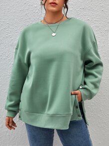 SHEIN Essnce Plus Drop Shoulder Button Detail Split Hem Sweatshirt - Mint Green - View 4