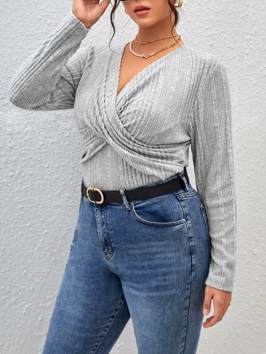 SHEIN Privé Plus Twist Front Tee - Light Grey - View 1