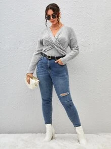 SHEIN Privé Plus Twist Front Tee - Light Grey - View 6