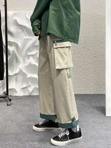 Manfinity Men Rolled Hem Flap Pocket Cargo Trousers - Khaki - View 3