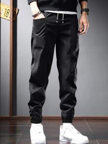 Manfinity Men Drawstring Waist Slant Pocket Trousers - Black - View 1