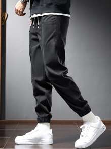 Manfinity Men Drawstring Waist Slant Pocket Trousers - Black - View 3