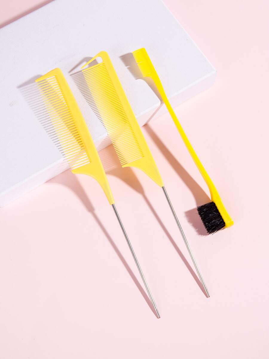 Hair Cut Hair Comb, Hair Plate Steel Needle Tip Tail Comb Edge Brush, 3pcs Yellow Highlights Hair Comb Set, Hair Brush/Hair Comb, Back To School, Travel Holiday Essentials, Brush, Hair Brush, Wooden Comb, Hair Brush, Hairbrush, Hair Combs, Barber, Slick Back Brush, Hair Comb, Comb Hair, Curly Hair Brush, Detangling Brush, Ball Brush, Mini Hair Brush, Curly Hair Products, Christmas, Hairdressing, Wooden Comb, Hair Brush, Mini Hair Brush, Detangling Brush, Hair Brushes, Curly Hair Brush, Hairdressing Equipment,Travel Essentials,Travel Essential,Hairstyle,Hairdressing - Yellow - View 1