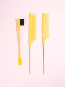 Hair Cut Hair Comb, Hair Plate Steel Needle Tip Tail Comb Edge Brush, 3pcs Yellow Highlights Hair Comb Set, Hair Brush/Hair Comb, Back To School, Travel Holiday Essentials, Brush, Hair Brush, Wooden Comb, Hair Brush, Hairbrush, Hair Combs, Barber, Slick Back Brush, Hair Comb, Comb Hair, Curly Hair Brush, Detangling Brush, Ball Brush, Mini Hair Brush, Curly Hair Products, Christmas, Hairdressing, Wooden Comb, Hair Brush, Mini Hair Brush, Detangling Brush, Hair Brushes, Curly Hair Brush, Hairdressing Equipment,Travel Essentials,Travel Essential,Hairstyle,Hairdressing - Yellow - View 4