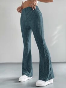 SHEIN EZwear Pantalones acampanados tejido de canalé - Azul - Ver 1