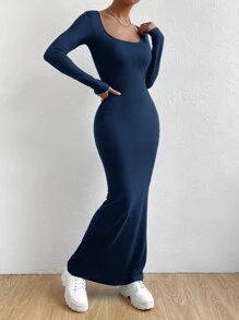 SHEIN Essnce Square Neck Mermaid Hem Bodycon Dress - Royal Blue - View 1