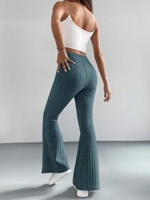 SHEIN EZwear Pantalones acampanados tejido de canalé - Azul - Ver 2