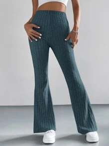 SHEIN EZwear Pantalones acampanados tejido de canalé - Azul - Ver 3