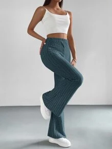 SHEIN EZwear Pantalones acampanados tejido de canalé - Azul - Ver 5