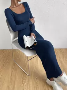 SHEIN Essnce Square Neck Mermaid Hem Bodycon Dress - Royal Blue - View 3