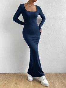 SHEIN Essnce Square Neck Mermaid Hem Bodycon Dress - Royal Blue - View 4