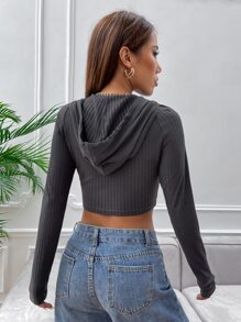 SHEIN EZwear Raglan Sleeve Drawstring Crop Hoodie - Dark Grey - View 2