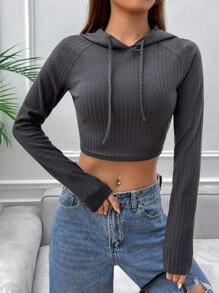 SHEIN EZwear Raglan Sleeve Drawstring Crop Hoodie - Dark Grey - View 4