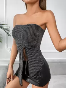 SHEIN ICON 抽繩下擺開叉抹胸上衣 - 黑色 - 查看 3